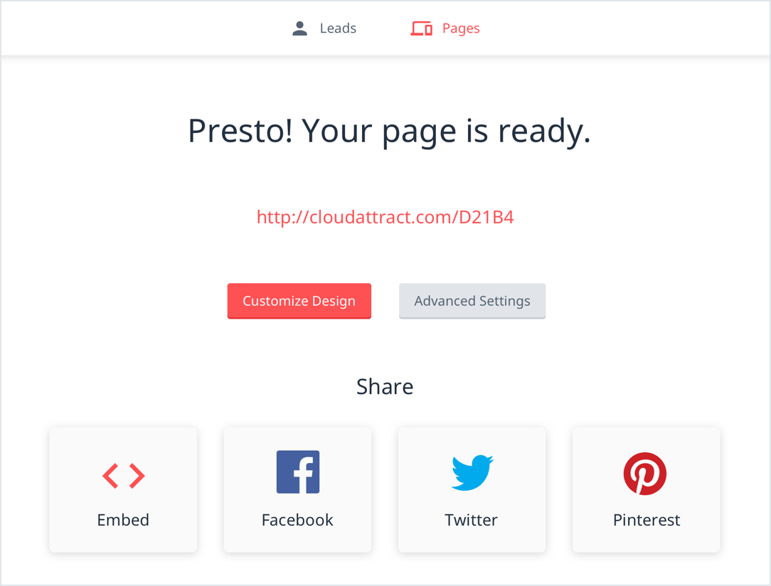 Cloud Attract's one-click sharing screen is displayed, with options to share your newly created landing page with an embeddable code, through Facebook, Twitter, or Pinterest.