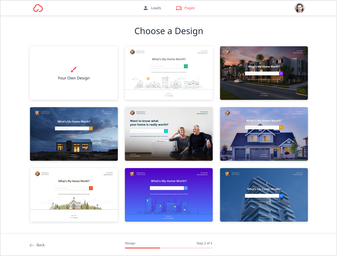 A grid of landing page templates is displayed.